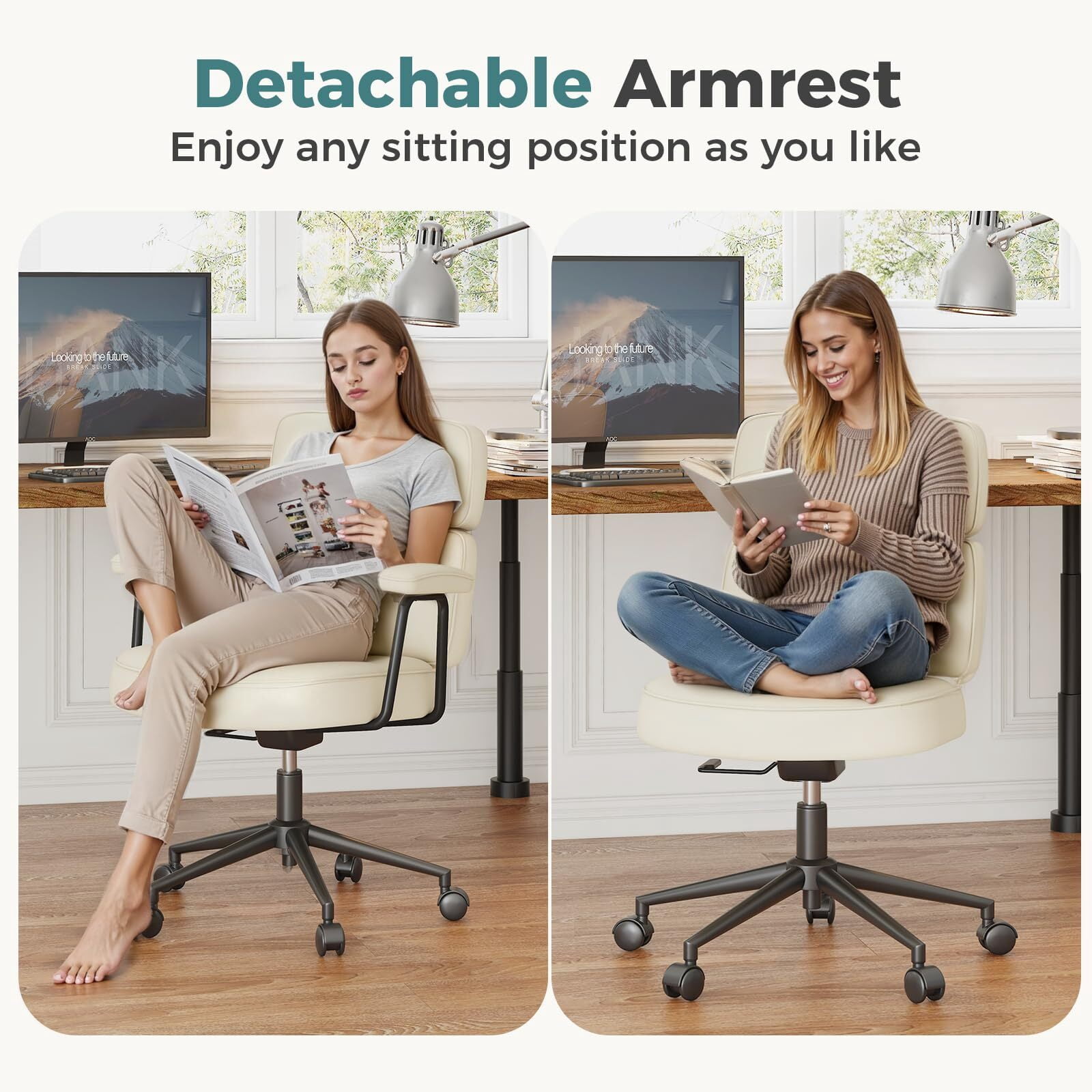 Kelno Ergonomic PU Leather Office Chair 350lbs Capacity High Back Computer Chair with Lumbar Support Adjustable Rolling Swivel Task Chair, Beige
