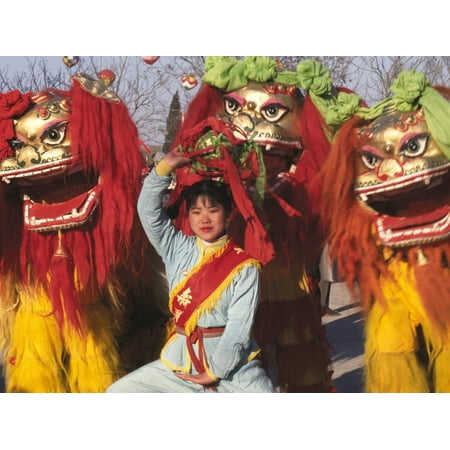 Girl Playing Lion Dance for Chinese New Year, Beijing, China Print Wall Art By Keren
