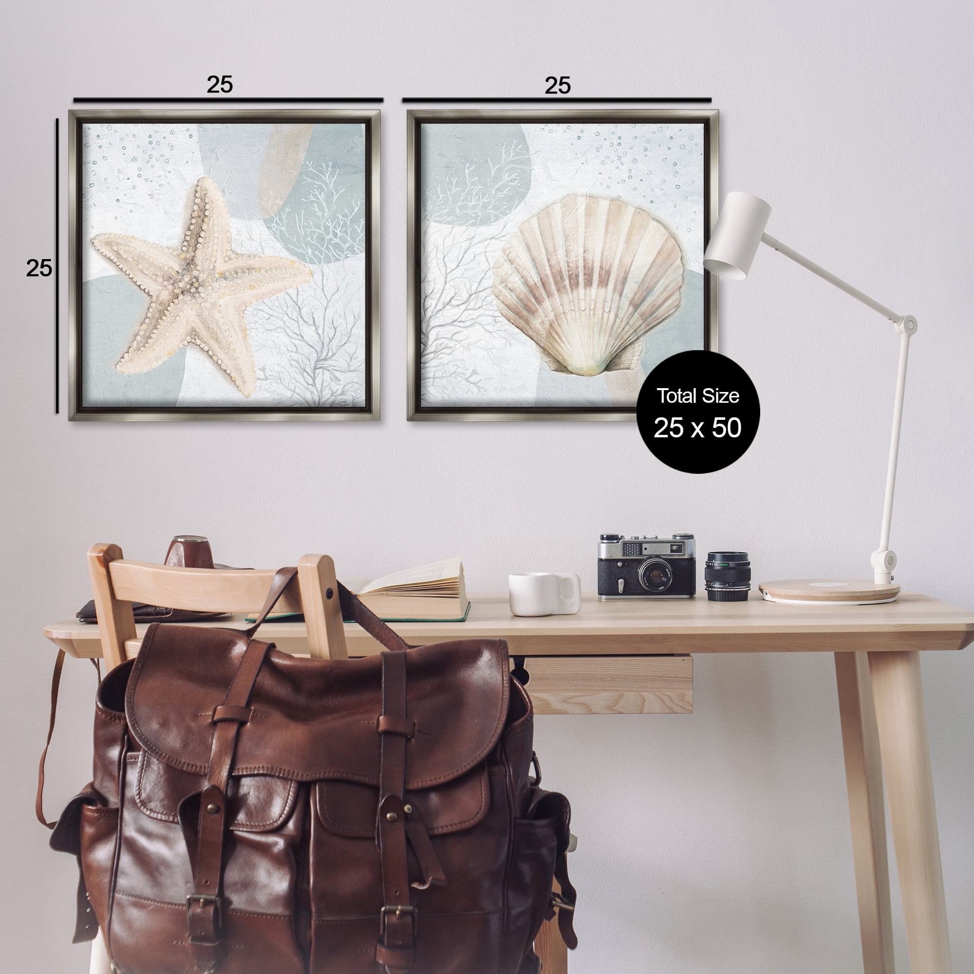 Stupell Industries Scallop Starfish Sealife Nautical & Beach Painting Gray Floater Framed Canvas Art Print Wall Art, 25 x 25, Set of 2