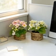 thumbnail image 4 of Small Artificial Potted Flowers in Woven Basket, Realistic Fake Plants with Green Leaves & Multicolor Blooms, Indoor Decor for Home Office Tabletop, Bathroom Shelf, Farmhouse & Boho Style, 4 of 7