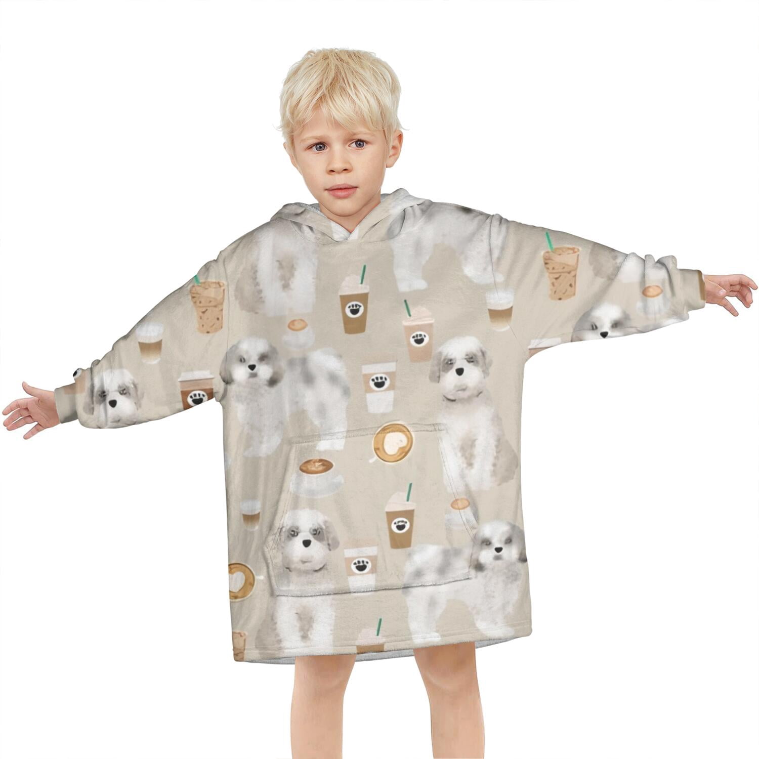 Cute Shih Tzu Dog and Coffee Pattern Blanket Hoodies for Kids 6-13YR Oversize Wearable Blanket Hoodies for Boys Girls Teens