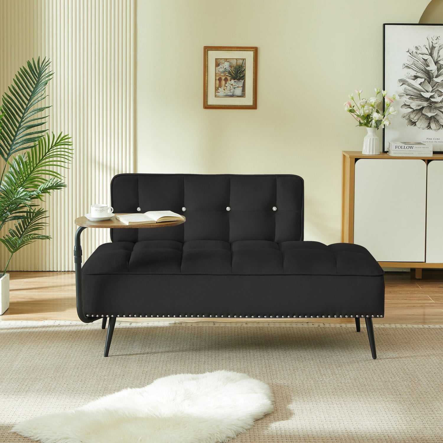54-Inch Modern 2 Seater Velvet Sofa with 360 Rotating Side Table, Upholstered Couch with Nailhead Trim for Living Room Bedroom Apartment, Black