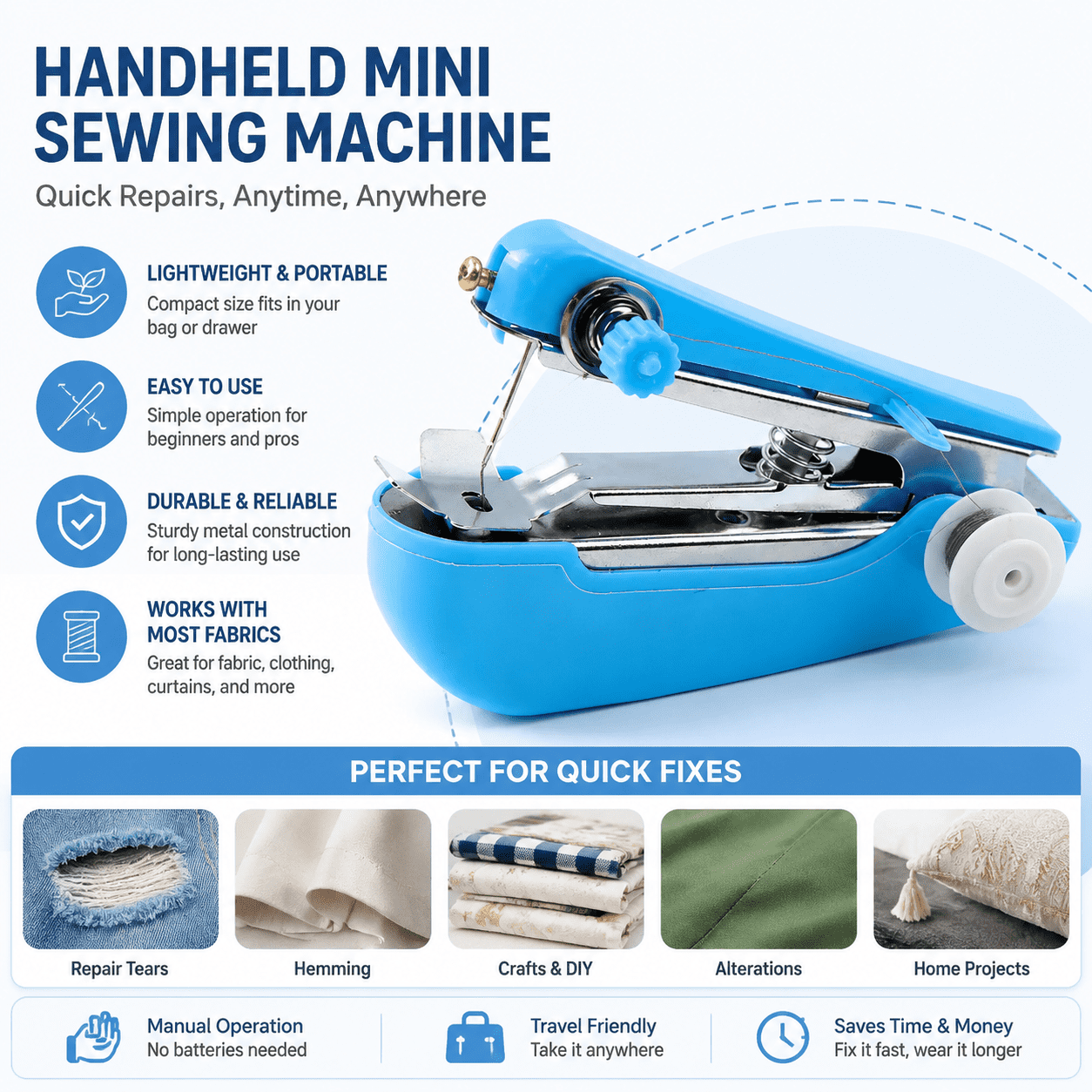 Blue Spring come Handheld Mini Sewing Machine, Portable Manual Pocket Stitch Tool, Compact Lightweight Sewing Device for Clothing Repair, Home DIY Crafts, Travel Emergency Fabric Mending