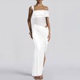 thumbnail image 1 of TaTaai Ladies One Shoulder Sleeveless Solid Color Maxi Dress Ruched Detail Mesh Panel Slim Fit Elegant Formal Wedding Party Wear Gift, 1 of 7