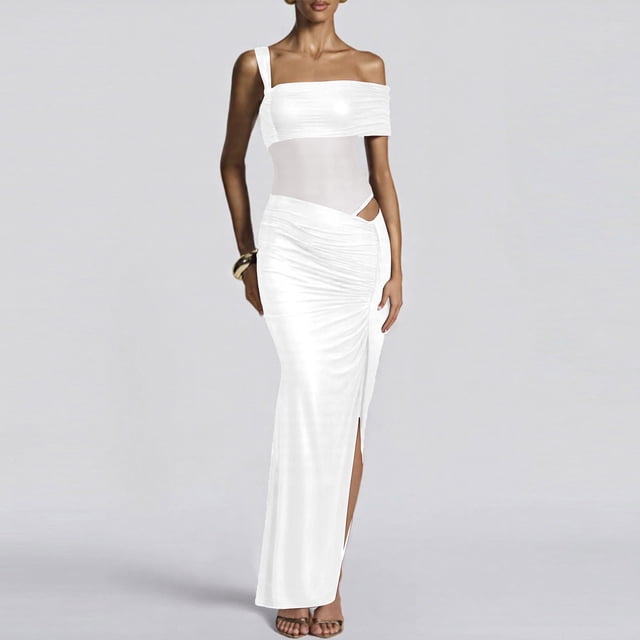 TaTaai Ladies One Shoulder Sleeveless Solid Color Maxi Dress Ruched Detail Mesh Panel Slim Fit Elegant Formal Wedding Party Wear Gift