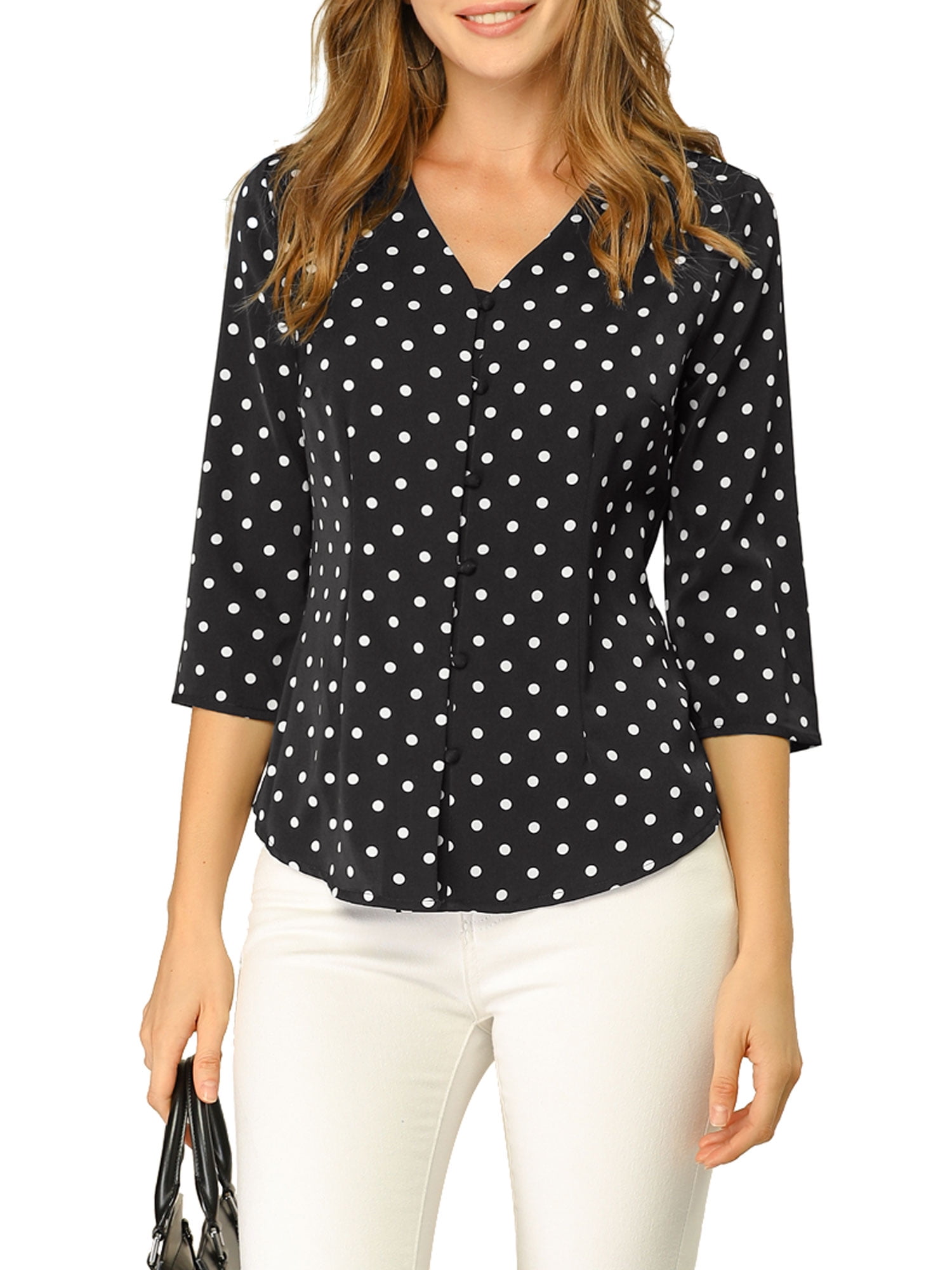 DARING DIVA Women's V Neck Polka Dots 3/4 Sleeve Casual Button Blouse M Black