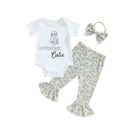 

Genuiskids 0-24 Months Infant Baby Girl Set Letter Print Romper with Bunny Print Flare Pants and Bowknot Headband White
