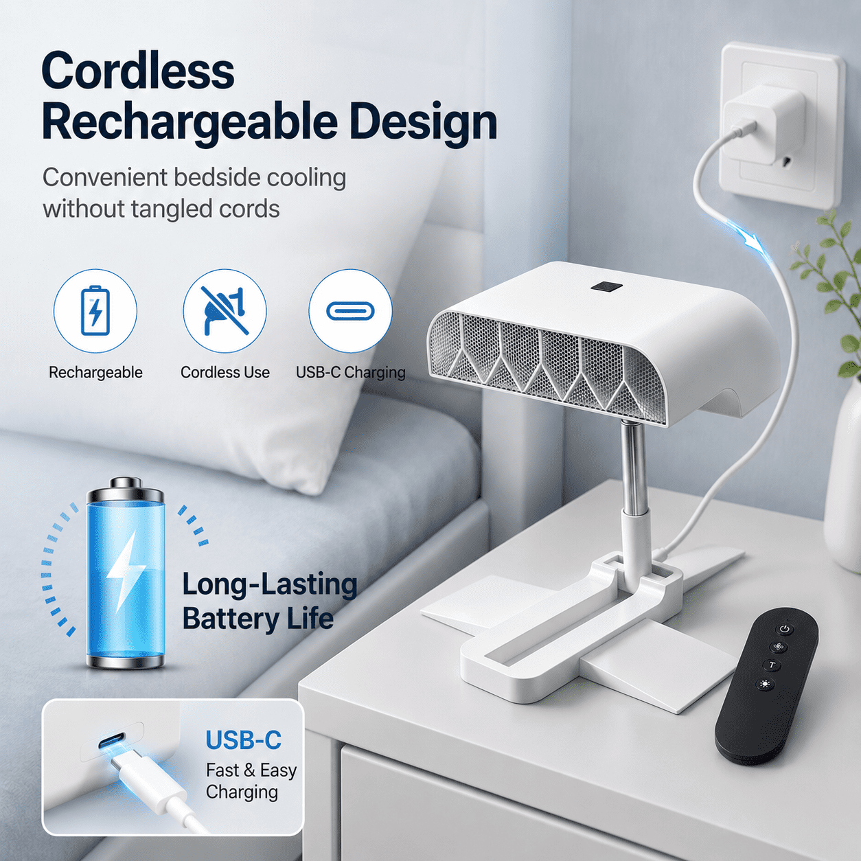 Breezel for Hot Sleepers, Bed Cooling Fan, Cordless Under Blanket Air Fan with Remote Control, 5-Speed Rechargeable Bedside Cooling Fan, Adjustable Height Stand, Type-C Charging, Quiet Airflow