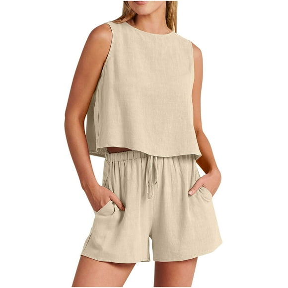 Two Piece Pants Set for Women Casual Plus Clearance 2pc Fashion Woman Round Neck Solid Sleeveless Blouse +loose Cotton Linen Pockets Pants Short Sets New Beige M