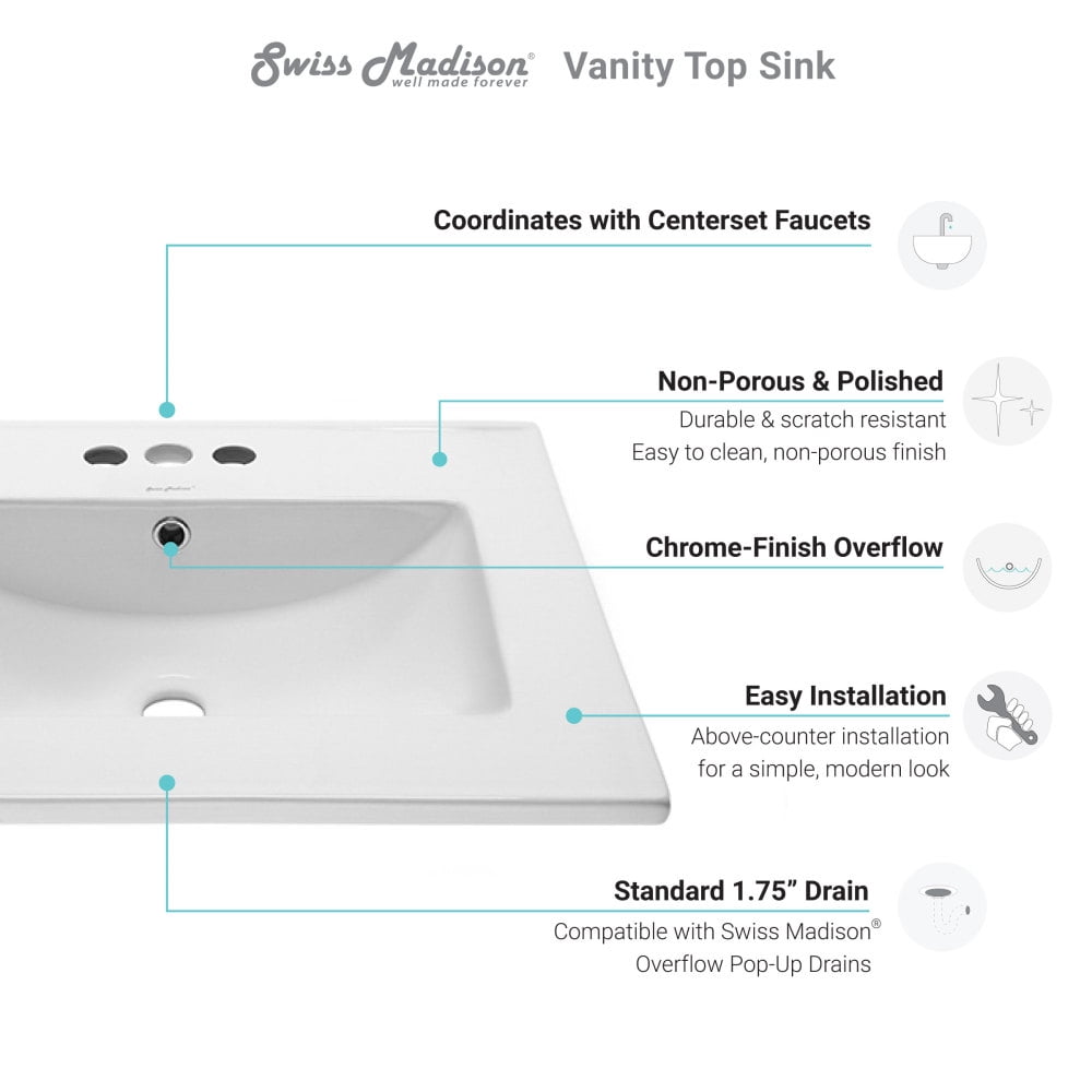 Swiss Madison Ceramic Glossy White 18.50 inch x 24.25 inch x 6.75 inch Bathroom Vanity Top