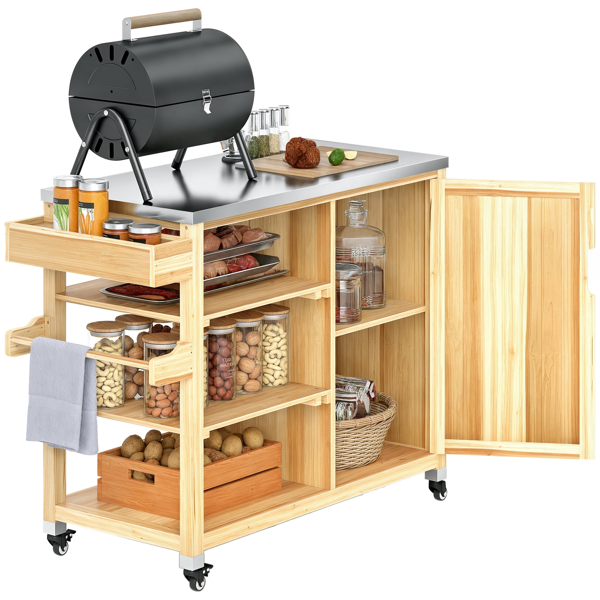 Stainless Steel Grill Prep Table w/ Wood Frame & Shelves - Outdoor Kitchen Island Cart - Natural Wood - 53" x 19.7" x 36"