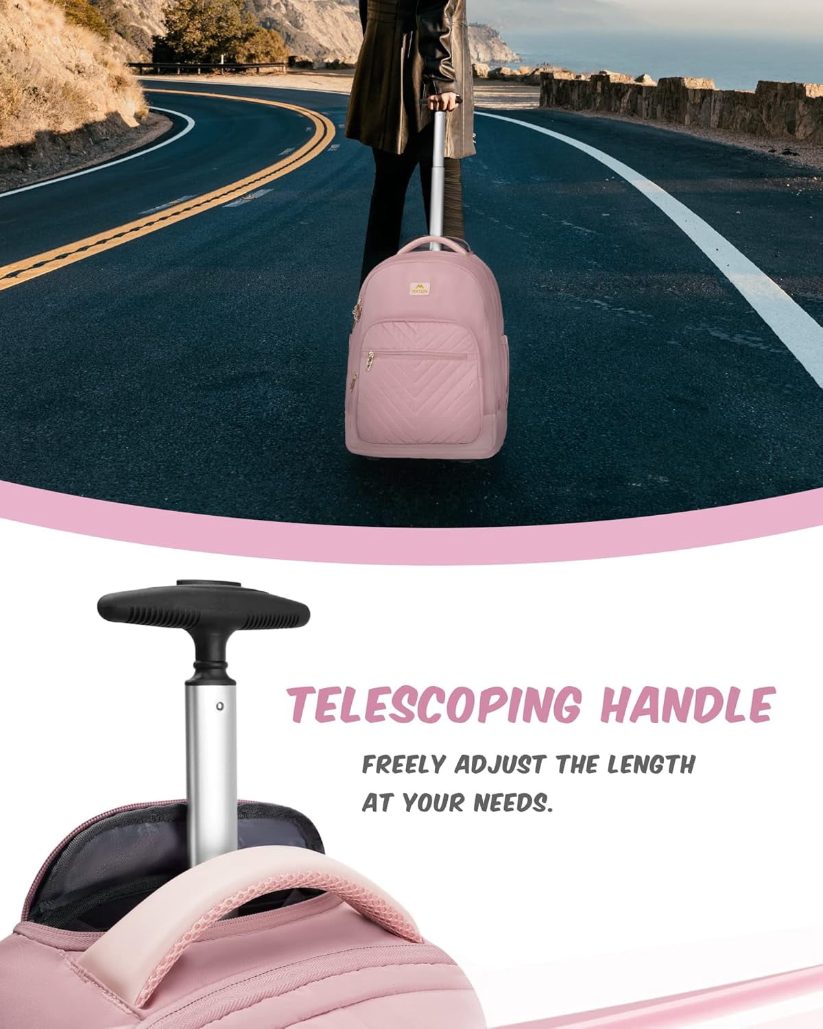 Matein Rolling Travel Backpack for Women, 17 inch Waterproof Carry on Luggage Bag with Wheels , Pink