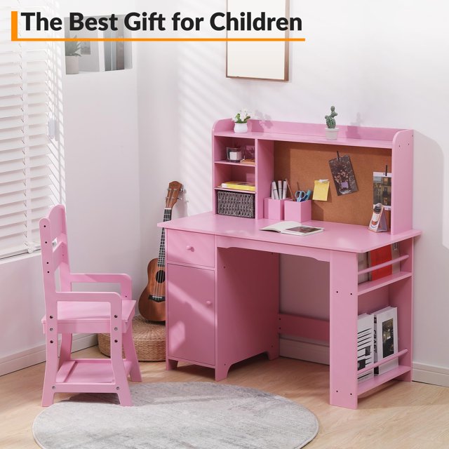 Kojooin Kids Study Desk and Chair Set, Pink Children’s Study Table with Bookshelf, Bulletin Board, Cabinets & Drawer