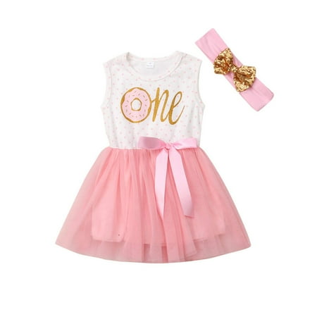 

Baby Girls Tutu Dress 1st/2st/3st Birthday Outfit Donut Letter Print Top Tulle Tutu Skirt with Headband Outfit Set