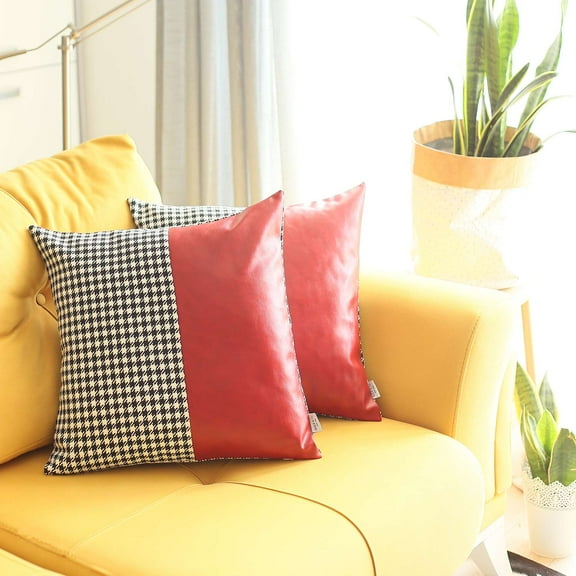 Bohemian Set of 2 Handmade Decorative Throw Pillow Vegan Faux Leather Houndstooth 18" x 18" Black & Red Square for Couch, Bedding