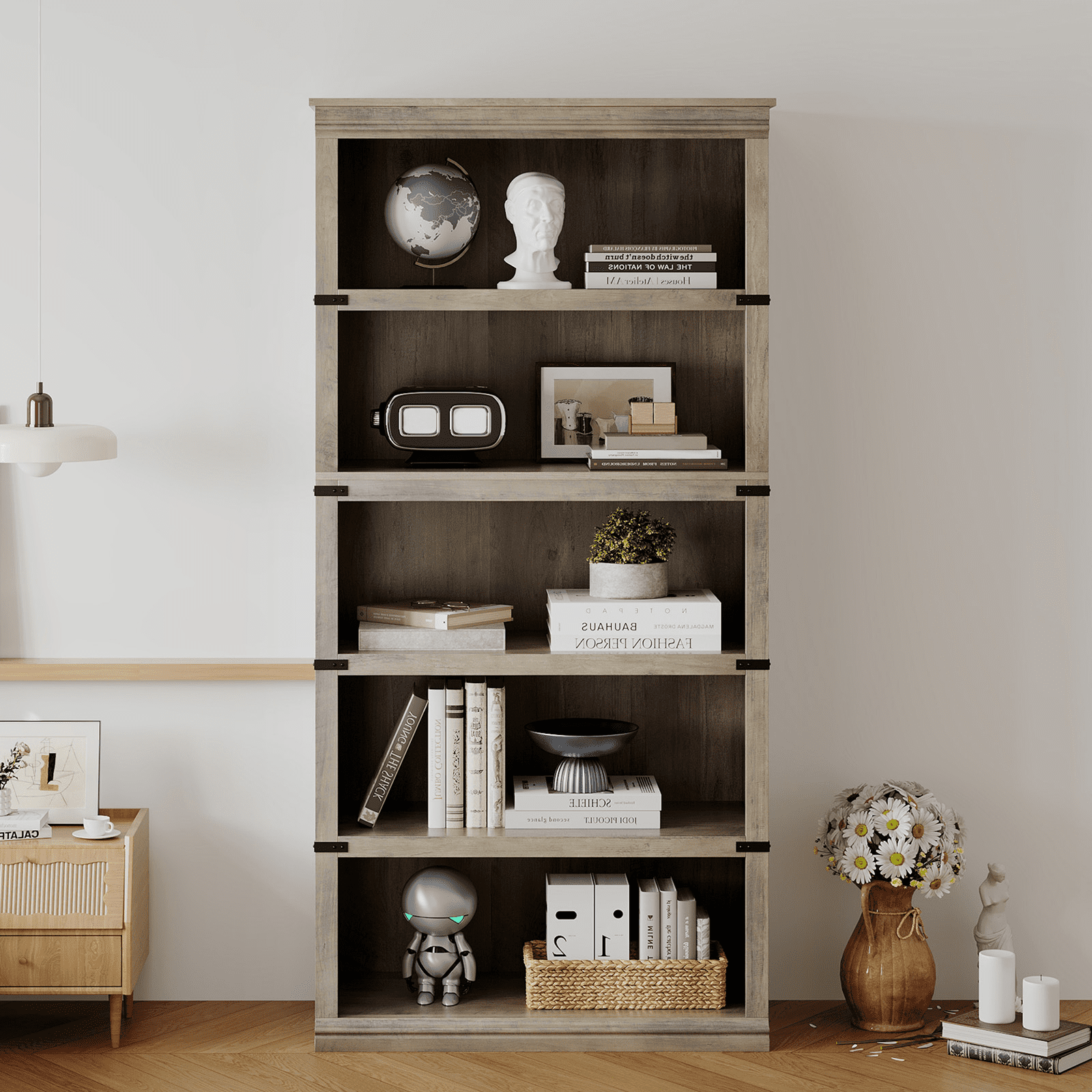 Goldensoil 67" Tall 5 Shelf Wood Bookcase, Farmhouse Floor Standing Display Storage Shelves,Grey