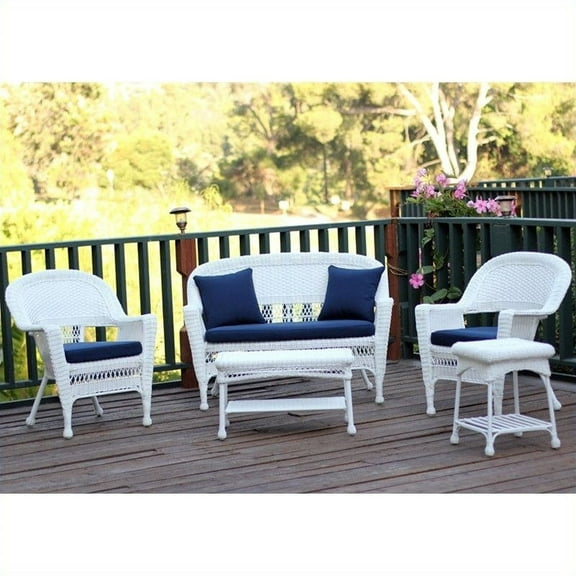 Jeco 5pc Wicker Conversation Set in White with Blue Cushions