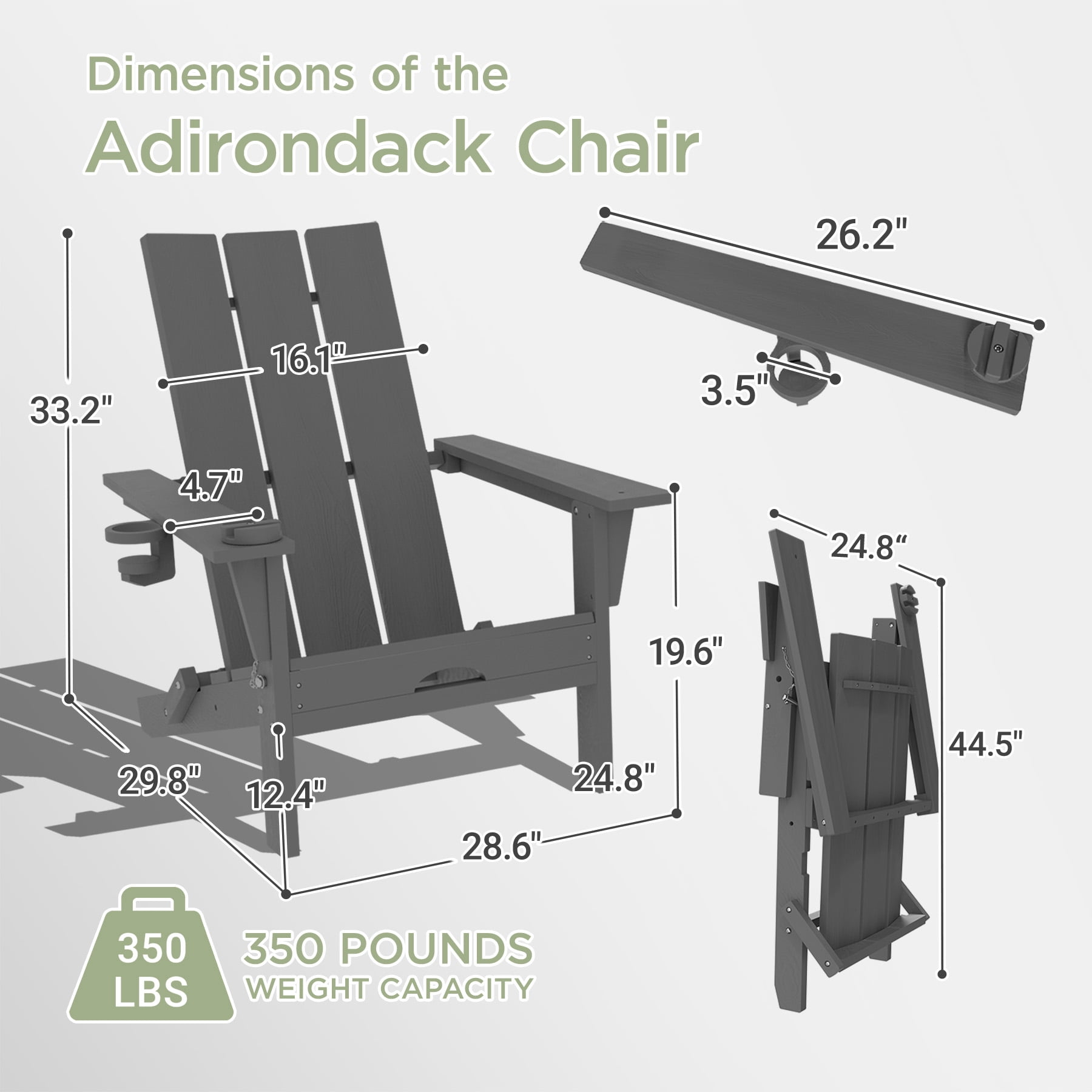 Tappio Folding Adirondack Chair All Weather HDPE Outdoor Patio Chairs with Detachable Multifunctional Holders and Cup Holders, Fire Pit Chairs for Yard Garden Poolside, Gray