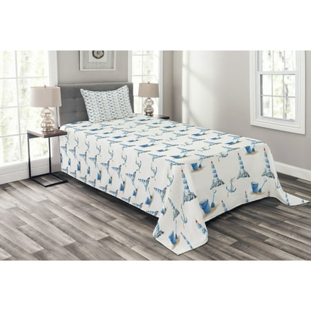 Holiday Quilt Sets Lighthouse Bedspread Set, Hand Drawn Watercolor Sea Elements Beach Holiday Pattern Vintage Illustration, Decorative Quilted Coverlet Set with Pillow Shams Included, Blue White, by Ambesonne ()