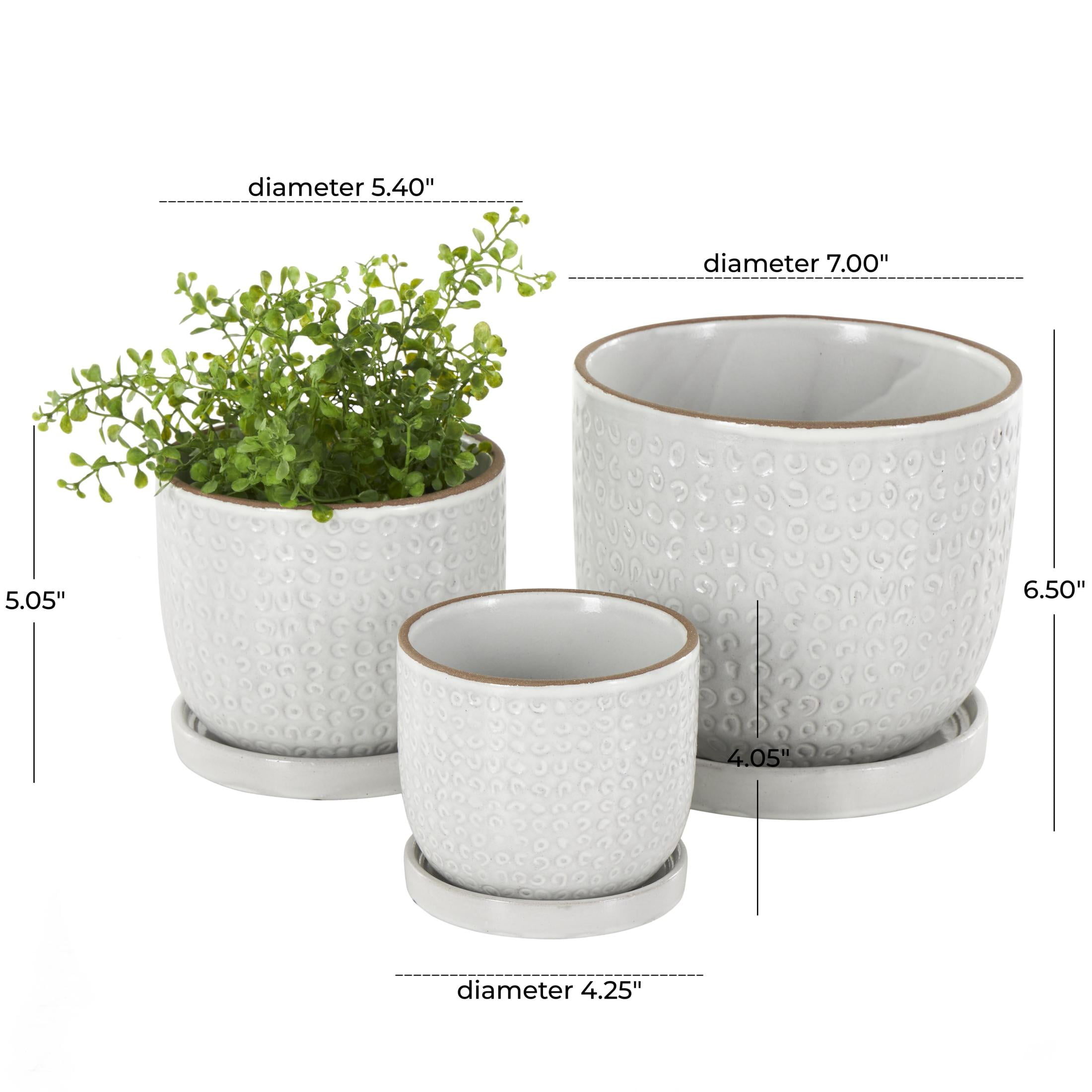 DecMode 7", 5"H Abstract Circle Patterned White Ceramic Planter with Brown Accents and Base Tray (3 Count)