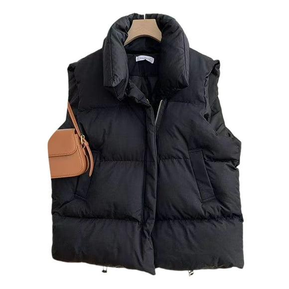 MAWCLOS Ladies Cropped Puffer Vest Sleeveless Gilet Coat Padded Crop Vests Warm Winter Zip Up Waistcoat Black L