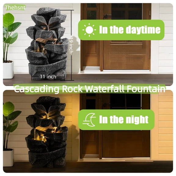 Thehsnt Cascading Rock Waterfall Fountain – Solar LED Lights, for Patio & Garden Decor