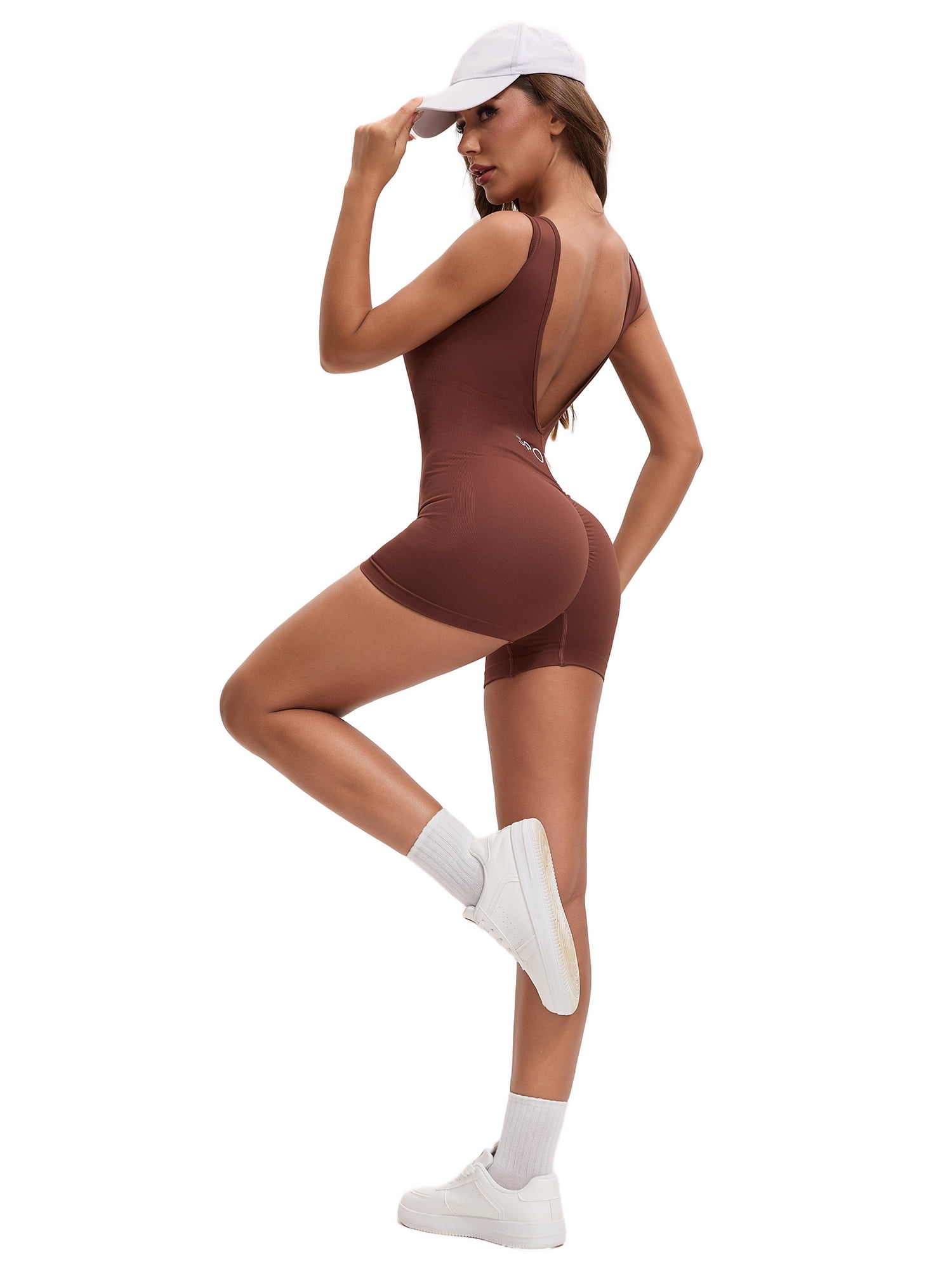 DARING DIVA Women's Jumpsuits Backless Tummy Control V Back Romper M Coffee