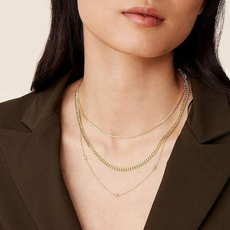 PAVOI Rhodium Plated Dainty Layering Necklaces for Women Simulated Diamond Station Layered Chains Trendy Layering Necklace