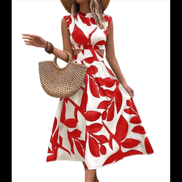 Vestido de Verano para Mujer, Estampado Floral, Mangas Murciélago Recortadas, Cuello Redondo, Corte A, Cintura Alta, Midi Rojo XXL