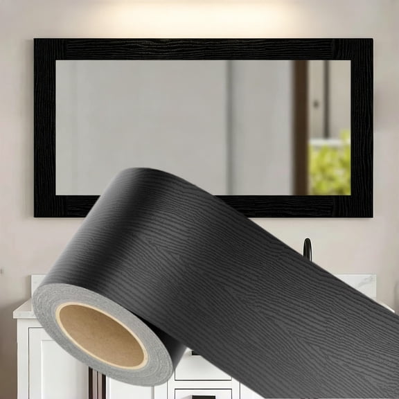 32ft Black Border Peel & Stick Wood Grain,Self Adhesive Mirror Frame Border,Removable Waterproof Bathroom Mirror Tape Sticker Trim,3.93x32ft