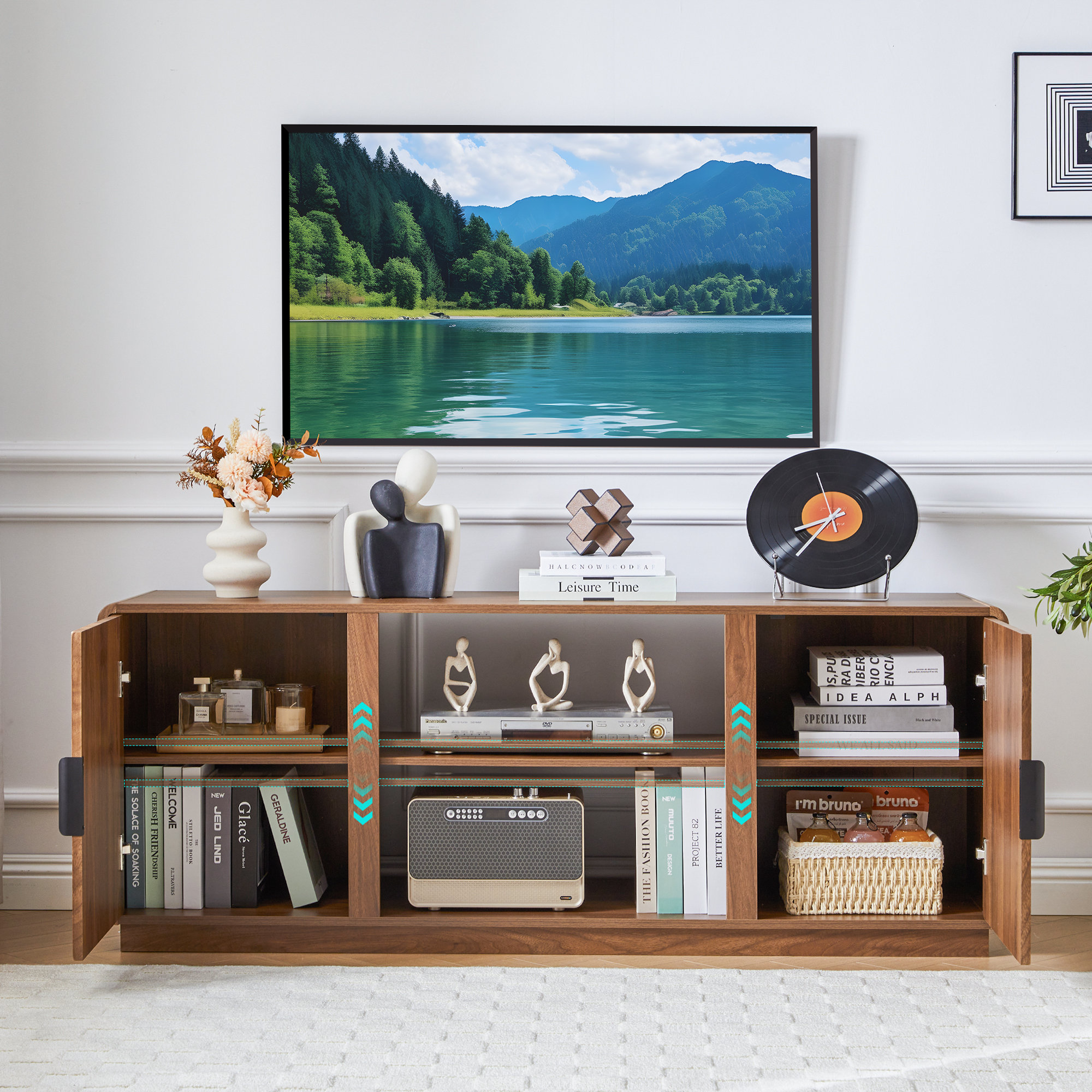 LEFHDA 60-inch Mid Century Modern TV Stand with Fluted Design & 2 Storage Cabinets, Entertainment Center for TVs up to 75" with Adjustable Shelf and Cable Management