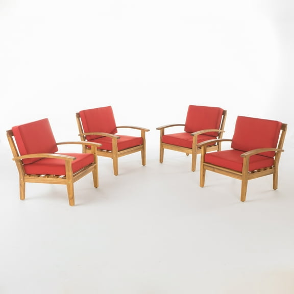 GDF Studio Preston Outdoor Wooden Club Chairs with Cushions, Set of 4, Red