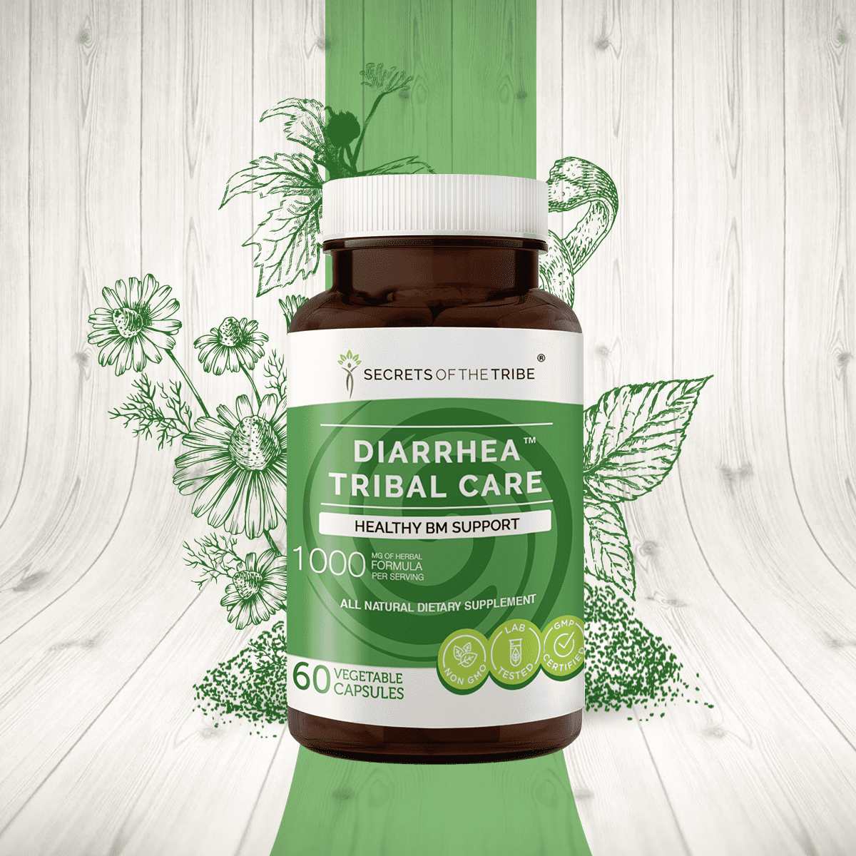 Diarrhea Tribal Care 60 Capsules, 500 mg, Blackberry, Slippery Elm, Red Raspberry, Chamomile