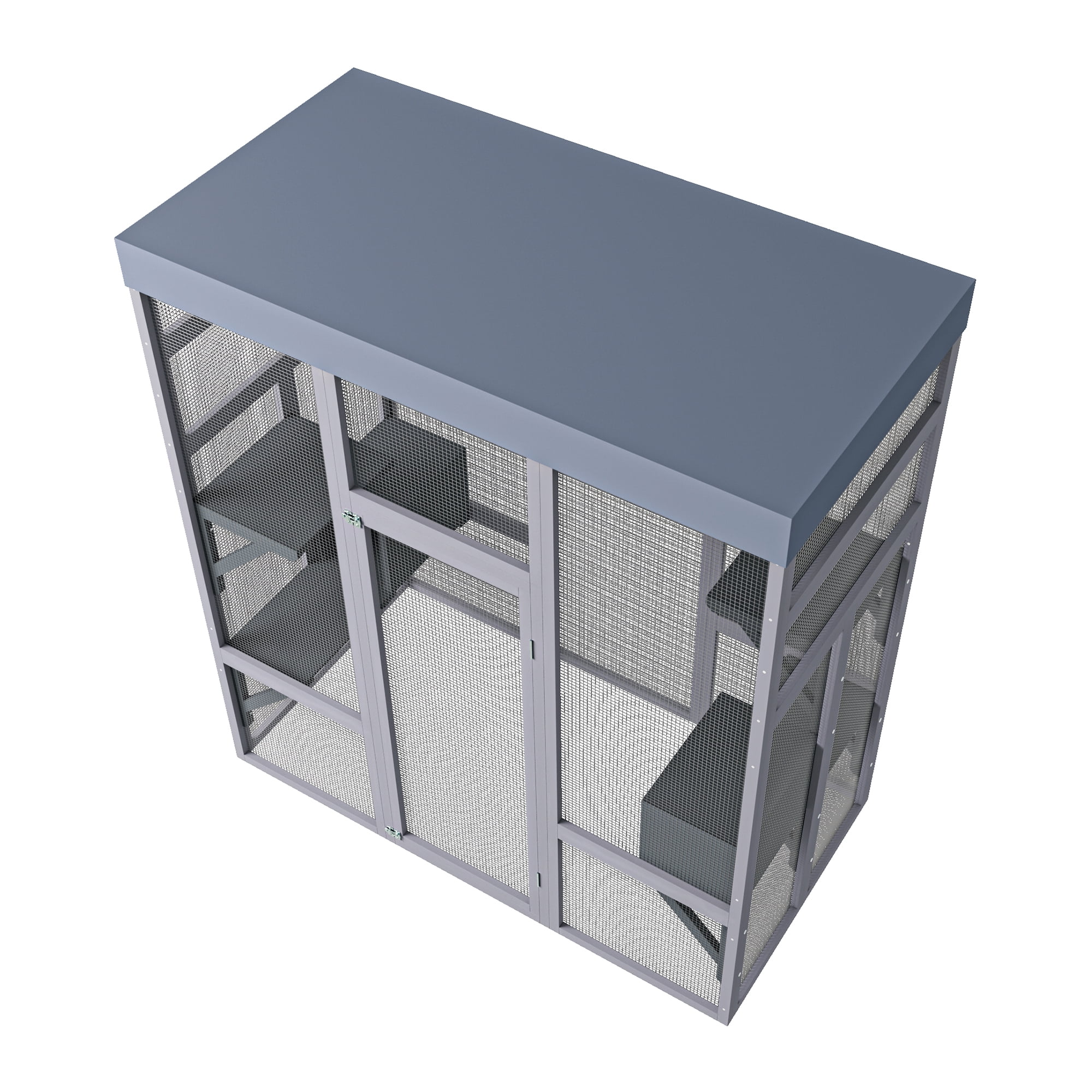 Kosynda Large Catio Outdoor Cat Enclosure with Weatherproof Roof, Wooden Cat House Kitty Cage with 7 Platforms and 2 Napping Houses for Multiple Cats, Gray