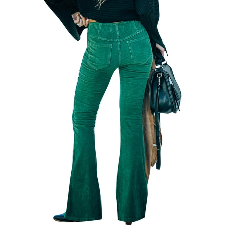 Capreze Corduroy Pants For Women Bootcut High Waist Wide Leg Trousers Pants  Ladies Fall Vintage Flared Pants Loungewear Green S