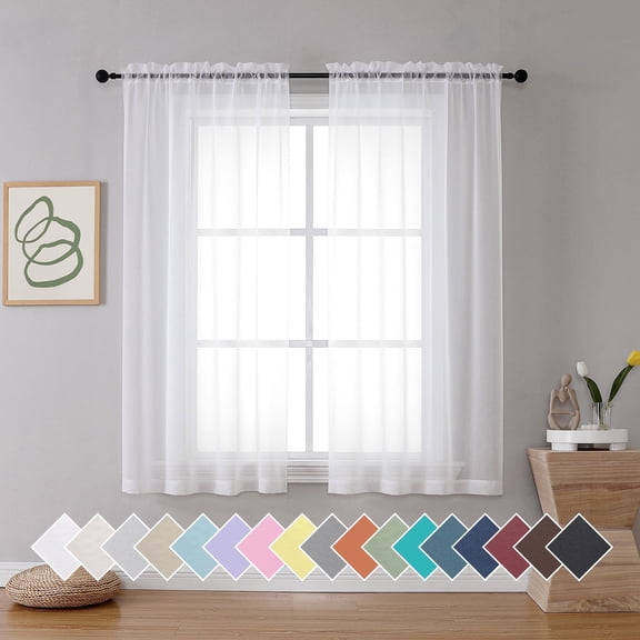 OVZME White Sheer Curtain Panel Pair 63 inch Length, Light Filtering Window Curtain Drapes Treatment for Kitchen, Bedroom Living and Children Room, Voile Top Dual Rod Pocket, 2 Pack of 42" x 63"