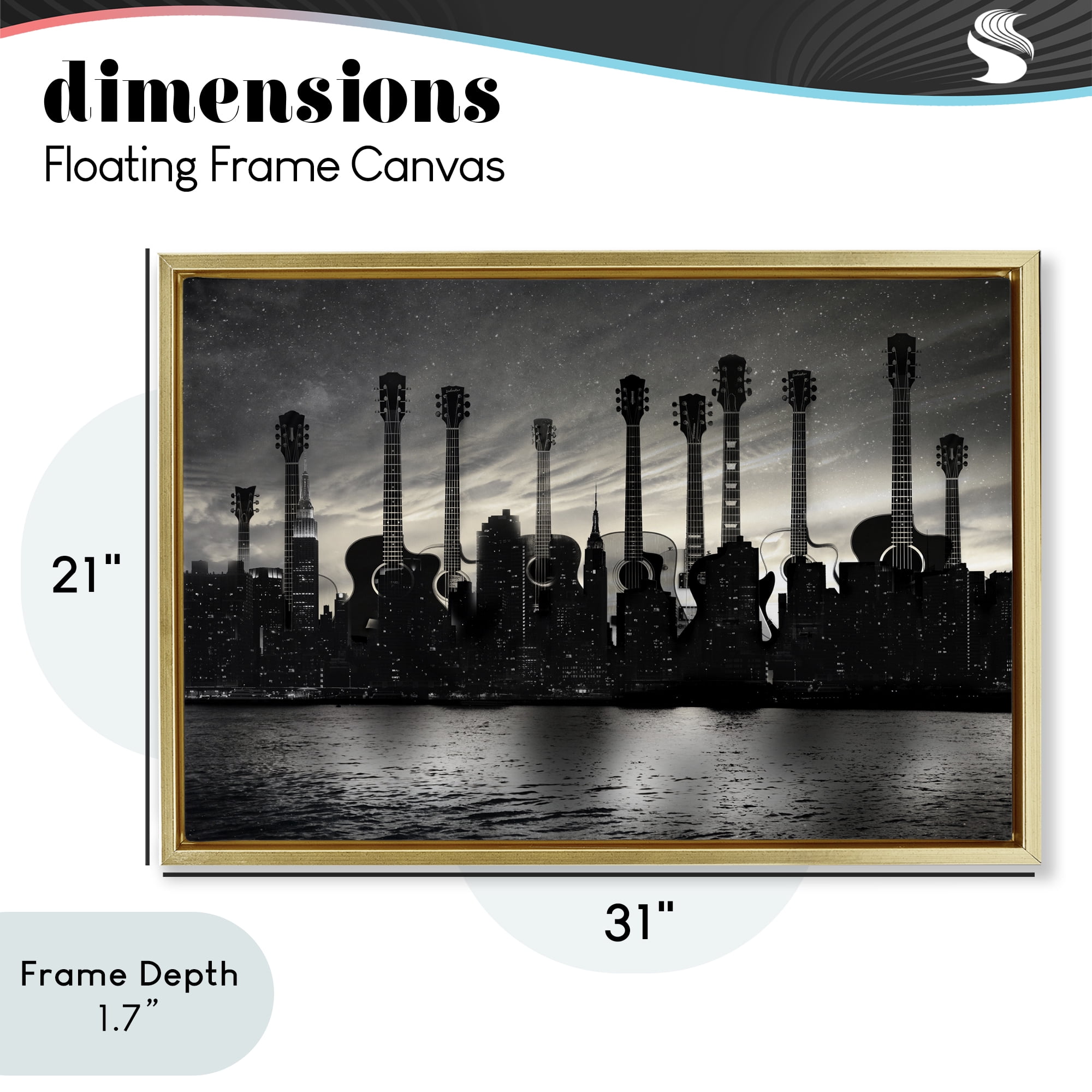 Stupell Industries Guitar Skyline Cityscape Gold Framed Floater Canvas Wall Art, design by CAD Designs