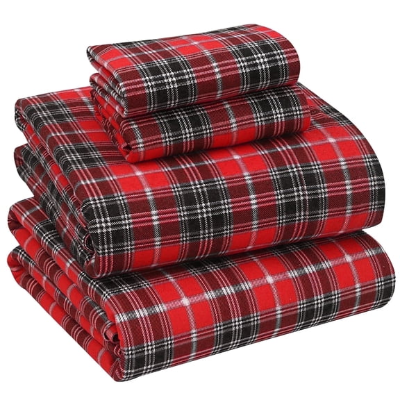RUVANTI Flannel Sheets Full Size - 100% Cotton Double Brushed Bed Sheets Set, Deep Pockets 16 Inches, All Seasons Breathable & Extra Soft Full Sheets, Warm & Cozy, 4 Piece, Red Plaid