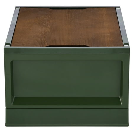 Navaris Camping Storage Box, Green, Set of 2 - 35L Foldable Bin with Pine Wood Lid - Collapsible Folding Crate - Easy to Disassemble Plastic Storage Crates - Stackable with Wheels