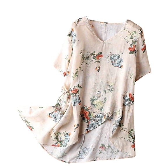 Lilgiuy Women's Ramie V-Neck Shirt Fashion Floral Retro Literary Blouse Loose Long-Sleeved Everything Top Work Wear