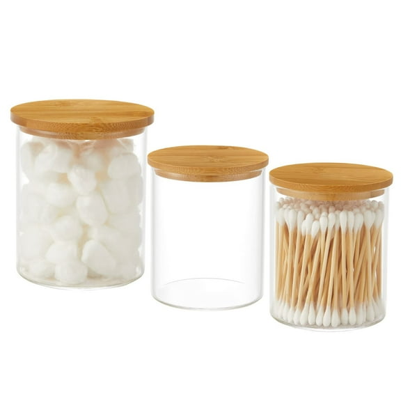 3 Pack Glass Qtip Holder Dispenser, 20 oz and 11 oz Clear Glass Apothecary Jars, Bathroom Vanity Canisters Organizer Jars for Cotton Swabs, Balls, Rounds, Pads, Floss, Bath Salts