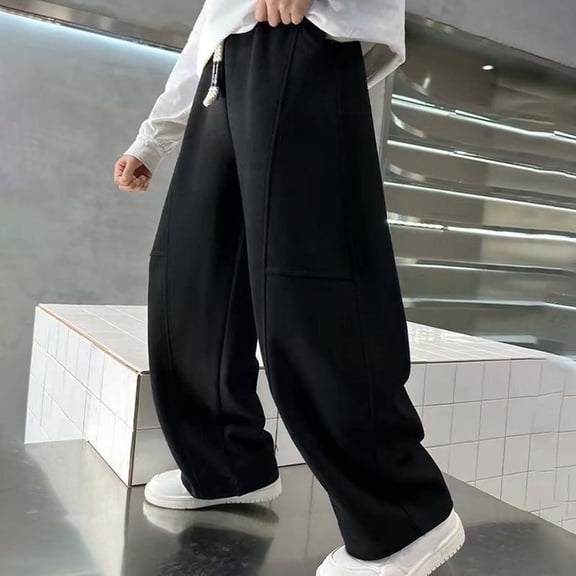 OOOUM Boys Fleece Lined Sweatpants Elastic Waist Baggy Wide Leg Pants With Pocket Soft Comfy Casual Joggers Black 9-10 Years