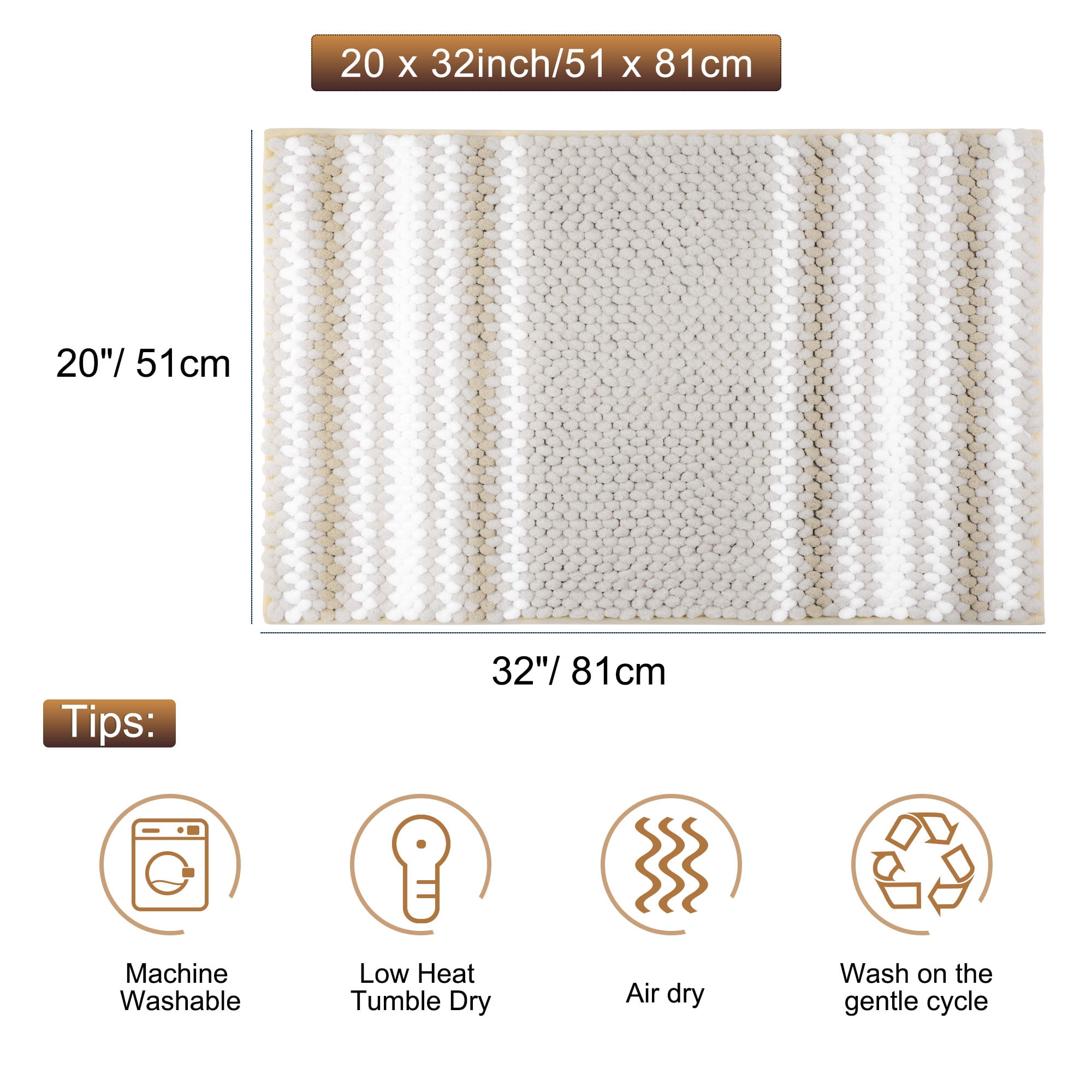 Unique Bargains Chenille Bathroom Rug Soft Fluffy Striped Bath Mat Shaggy Rugs Bone 20"x32"