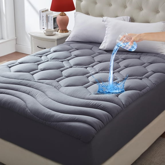 Breathable King Mattress Pad, Waterproof Cooling Topper with Noiseless Leak Proof Backing, Deep Pocket Quilted Cover for Enhanced Comfort, Gray