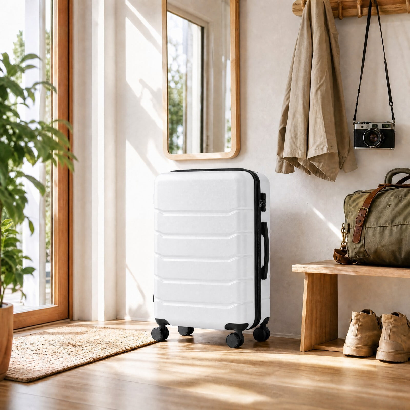 Kelno Medium Checked Luggage with Spinner Wheels ABS Hard Shell Suitcase Expandable Rolling Luggage with TSA Lock, White
