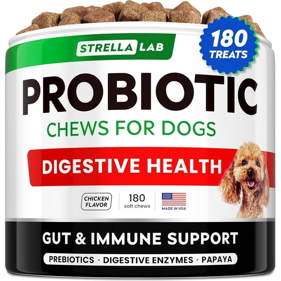 STRELLALAB Probiotics Chews for Dogs & Digestive Enzymes   Digestion & Gut Health Treats, Probiotics for dogs, Fiber Supplement, Anti Diarrhea, Constipation, Upset Stomach&Gas Relief,Canine Prebiotic