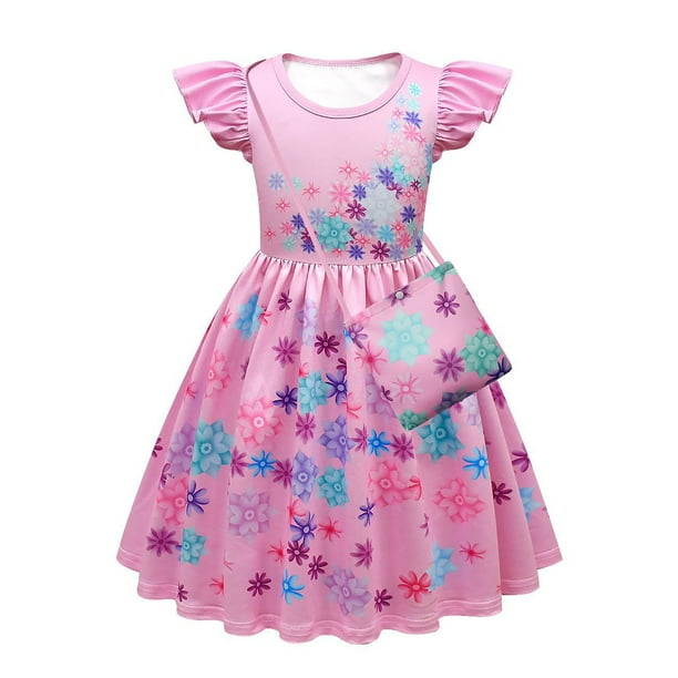 Encanto Mirabel Vestido Niña Estampado Isabella Mangas Voladoras Vestido Casual Y Bolso,Vestido rosa y bolso,100 For 3-4Years