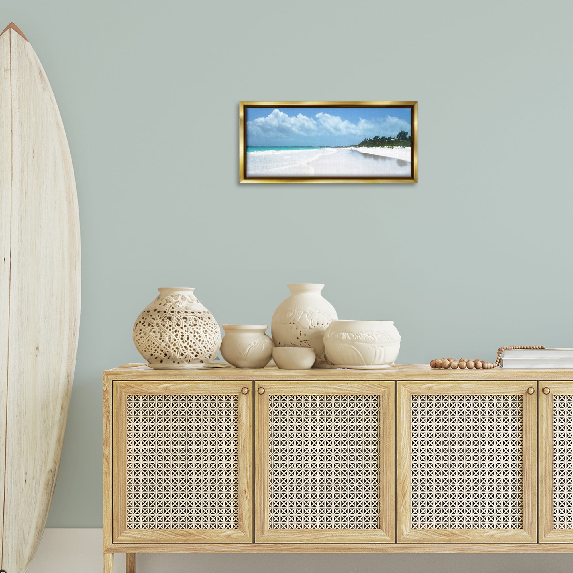 Stupell Industries Pink Sands Shore Landscape Photography Gold Floater Framed Canvas Art Print Wall Art, 25 x 11