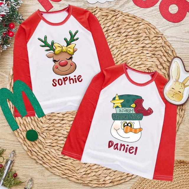Camiseta personalizada de ciervo y muñeco de nieve para niños, nombre personalizado, ropa de Navidad para niños, camisetas de raglán, atuendos de fiesta para niñas, camisas para niños