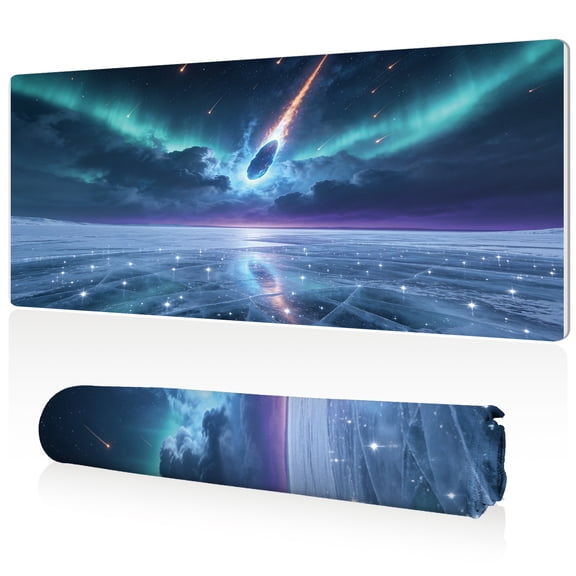 LIVEKEY XXL Mouse Pad 80x40x0.3cm Cosmic Aurora Meteor Shower over Icefield Design Full Desk Coverage Non Slip Surface Durable Easy Clean Stitched Edges for Gaming and Office